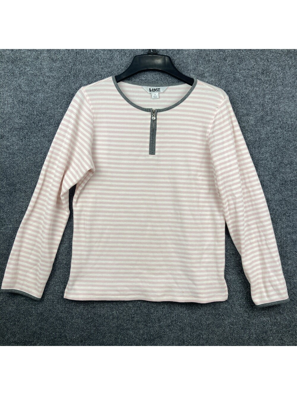 Vintage Blast Women Size Small Pink Striped Henley Rhinestone Zipper Pull Shirt